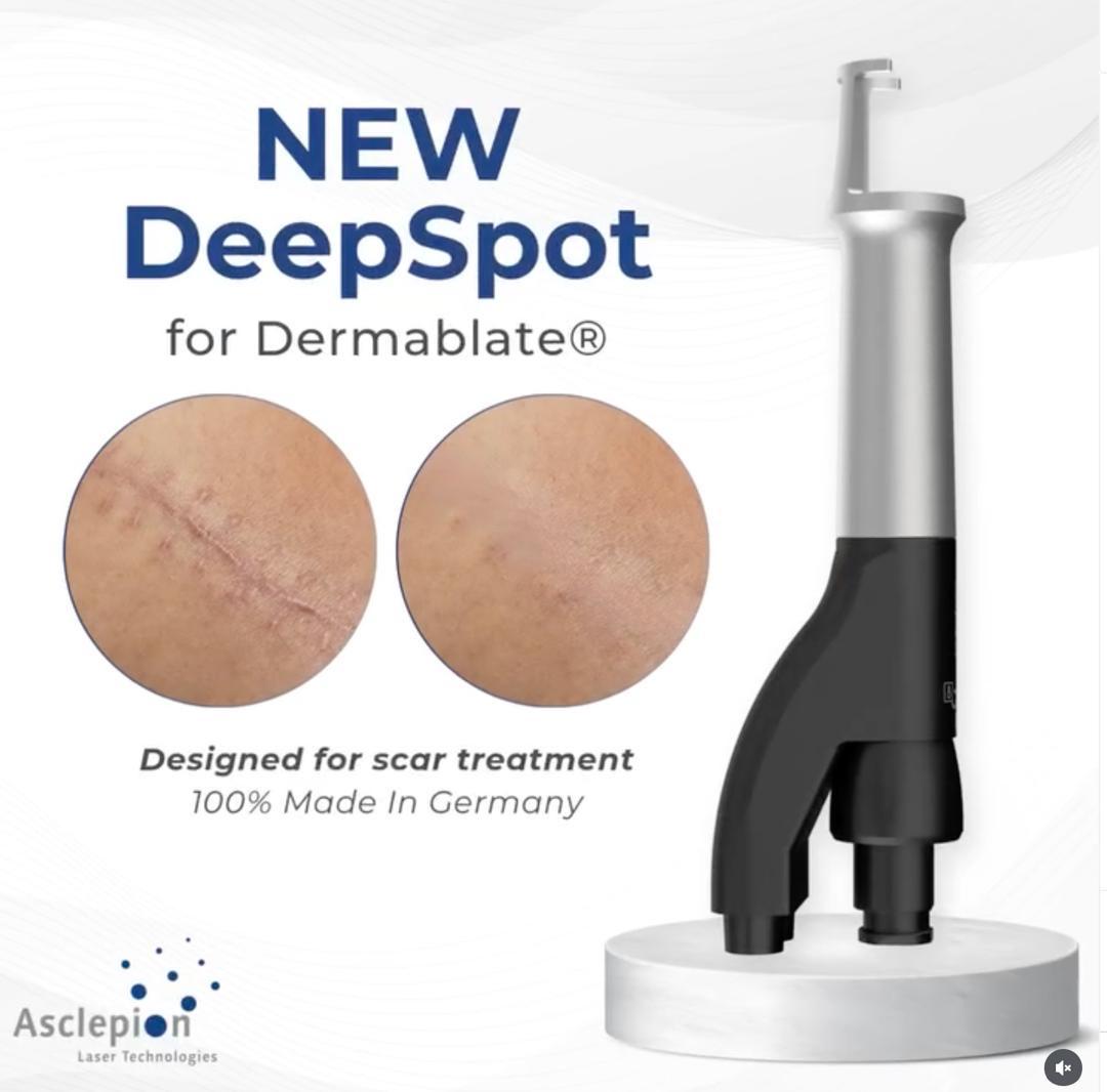 The Dermablate DeepSpot handpiece, designed for scar treatment and made in Germany by Asclepion, with before and after scar results