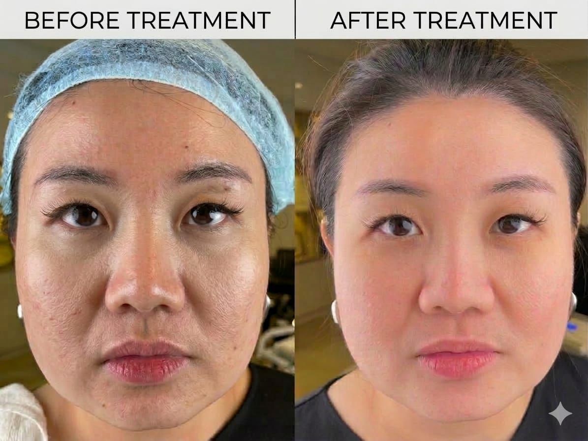 Before and after full-face laser treatment on an Asian female patient showing smoother, more even skin