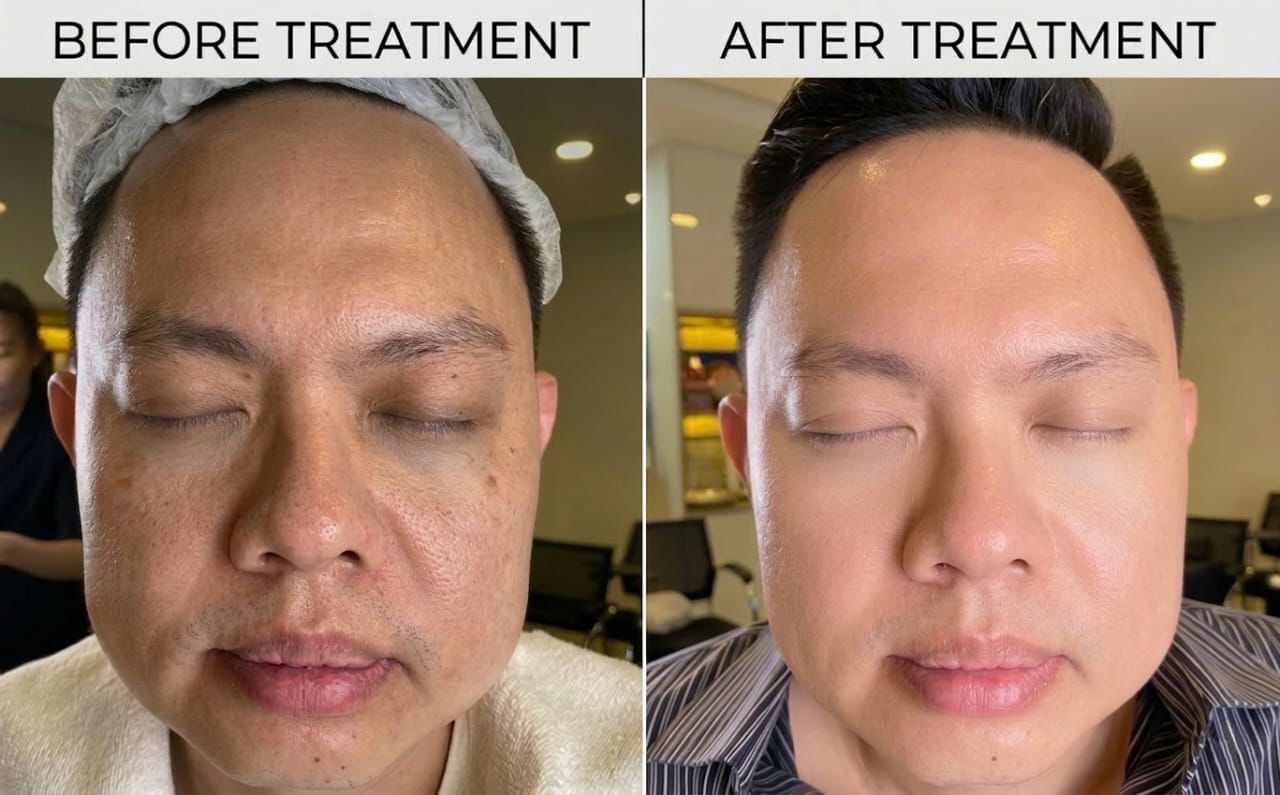 Before and after full-face laser resurfacing on an Asian male patient showing refined pores and clearer skin