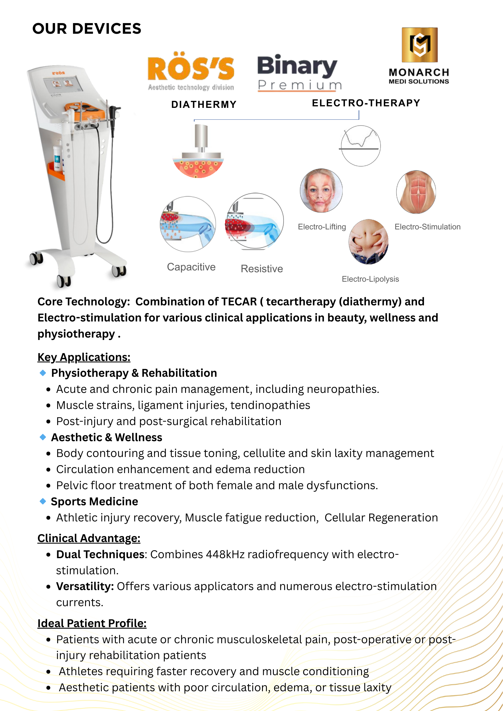 RÖS'S Binary Premium TECAR therapy machine combining diathermy and electro-therapy, supplied in Malaysia by Monarch Medi Solutions