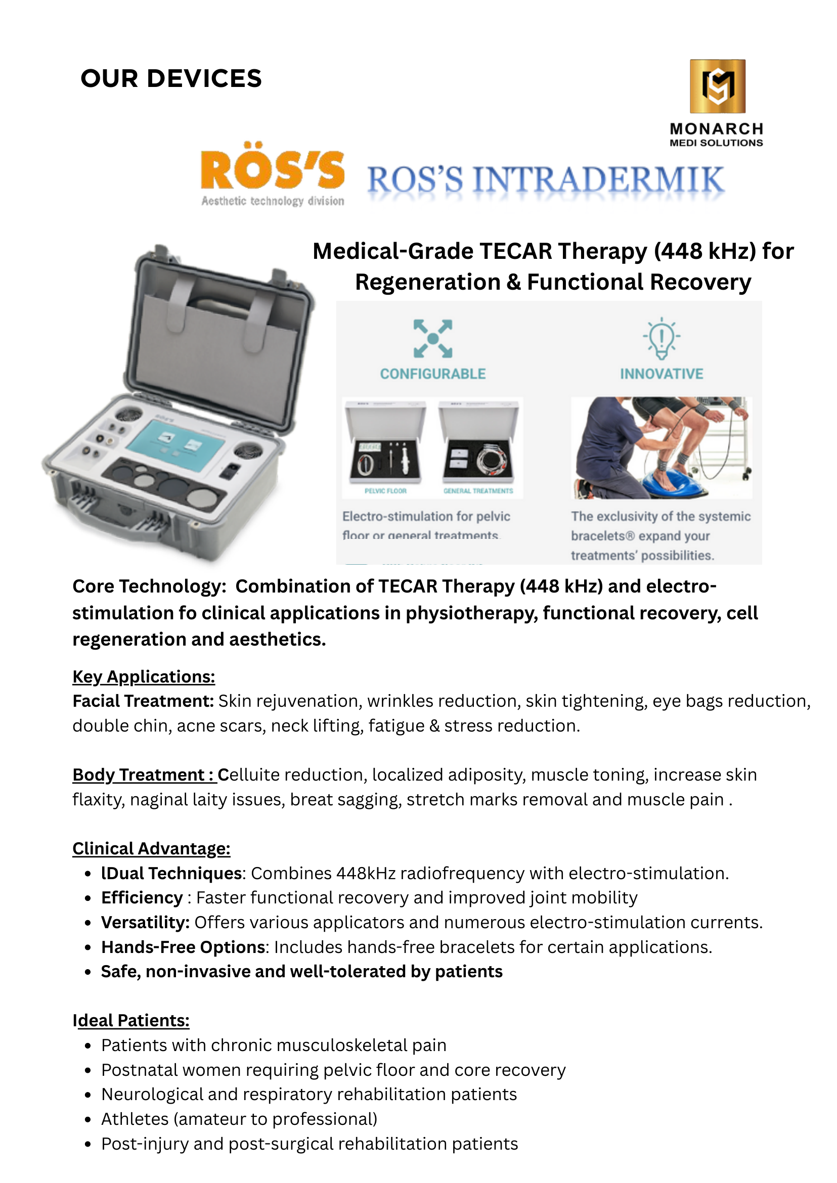 RÖS'S INTRADERMIK 448 kHz medical-grade TECAR therapy machine with hands-free bracelets, distributed in Malaysia by Monarch Medi Solutions