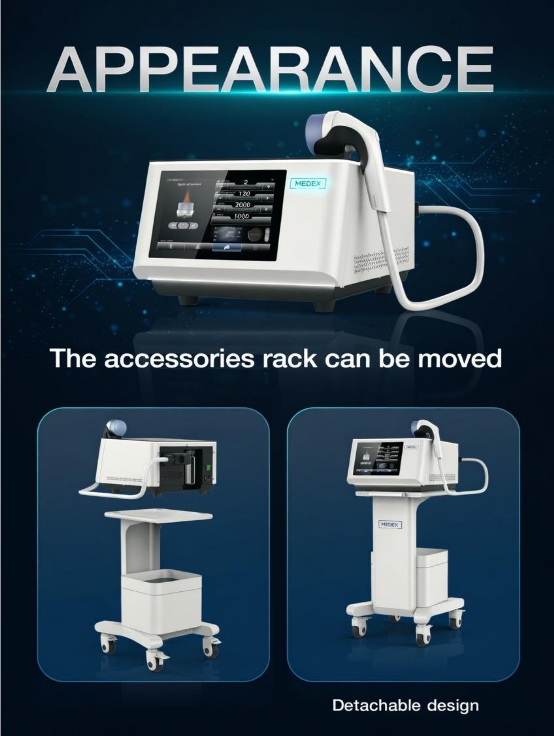 MEDEX ULTRATWIN console with touchscreen and shock wave applicator, a movable accessories trolley, and a detachable cart