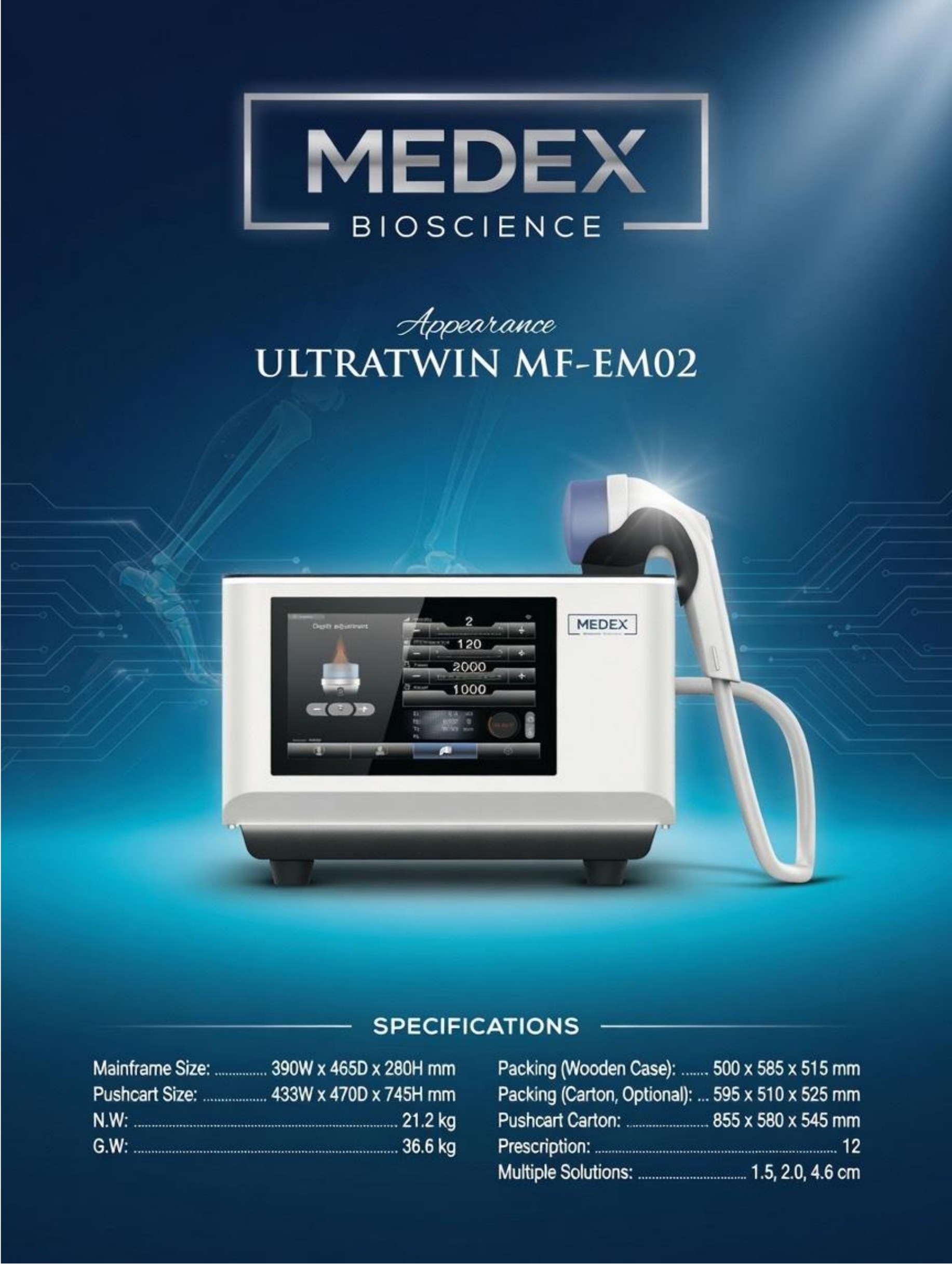 ULTRATWIN MF-EM02 specification sheet listing weights, mainframe and pushcart dimensions, penetration depths and packing sizes